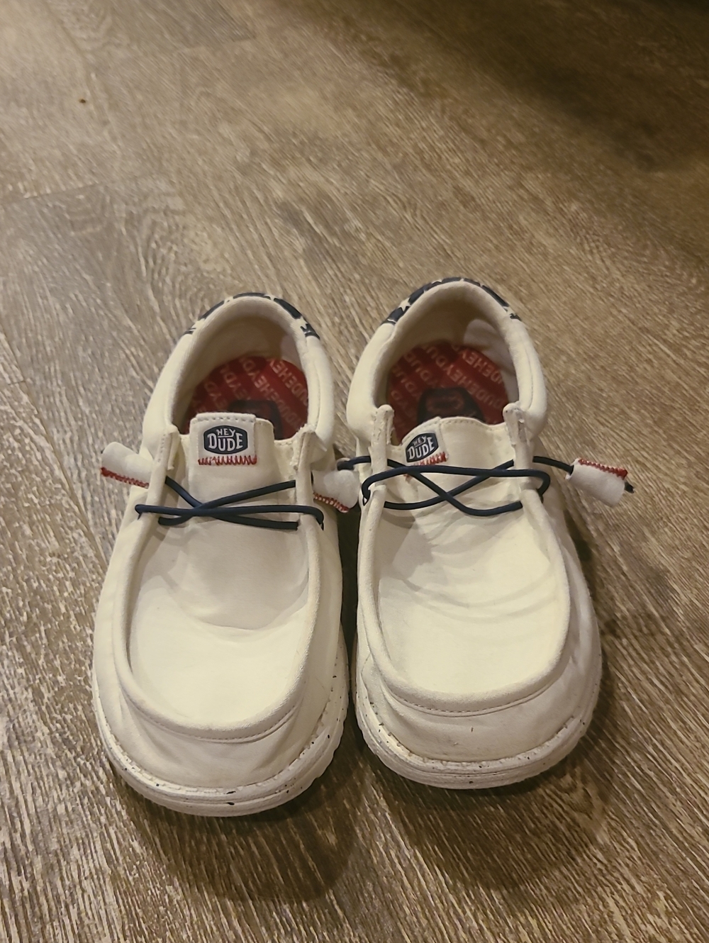 Hey Dude White Canvas Loafers with Navy Laces